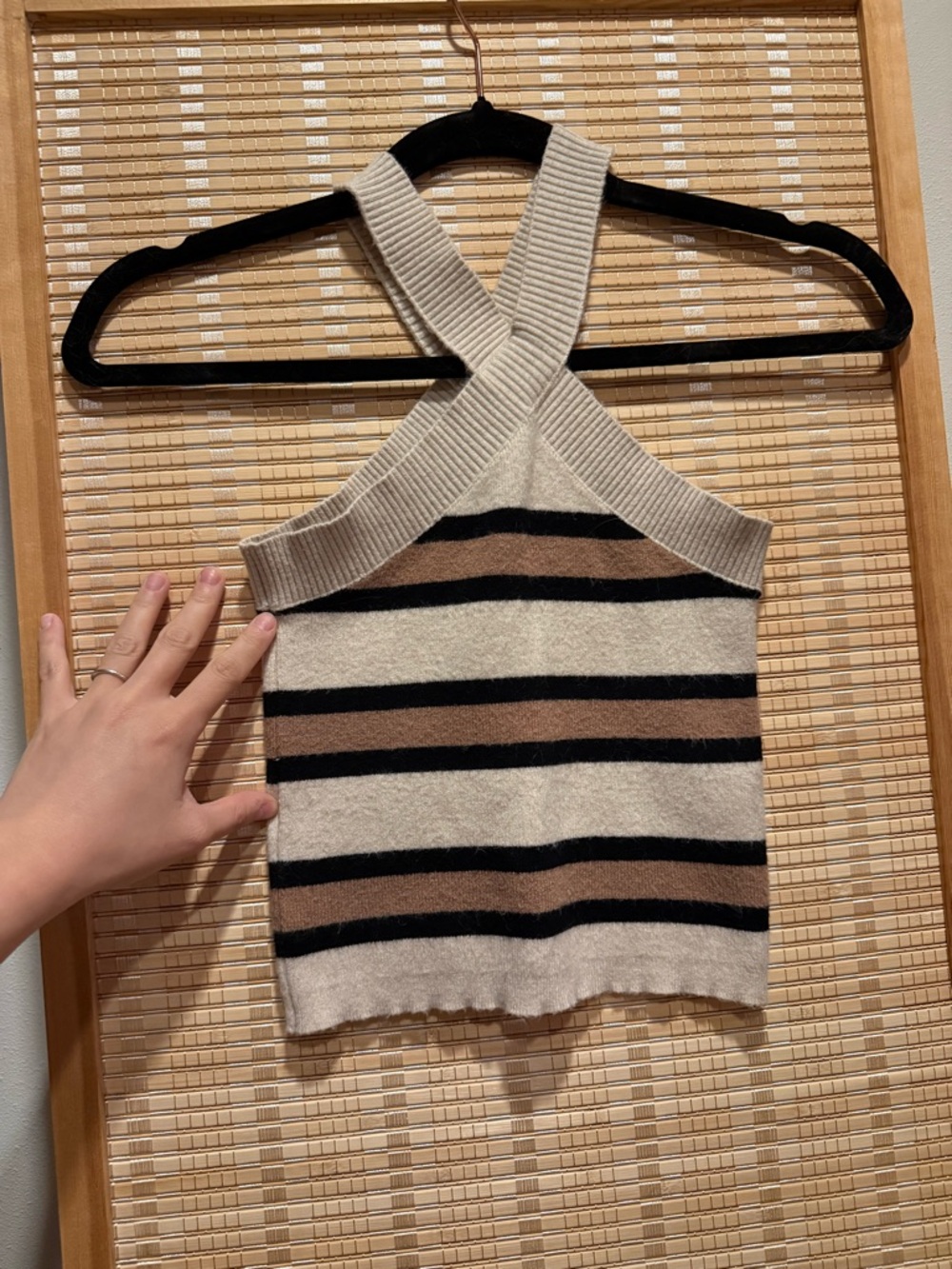 Striped Crisscross Halter Knit Tank Top - Cream & Brown